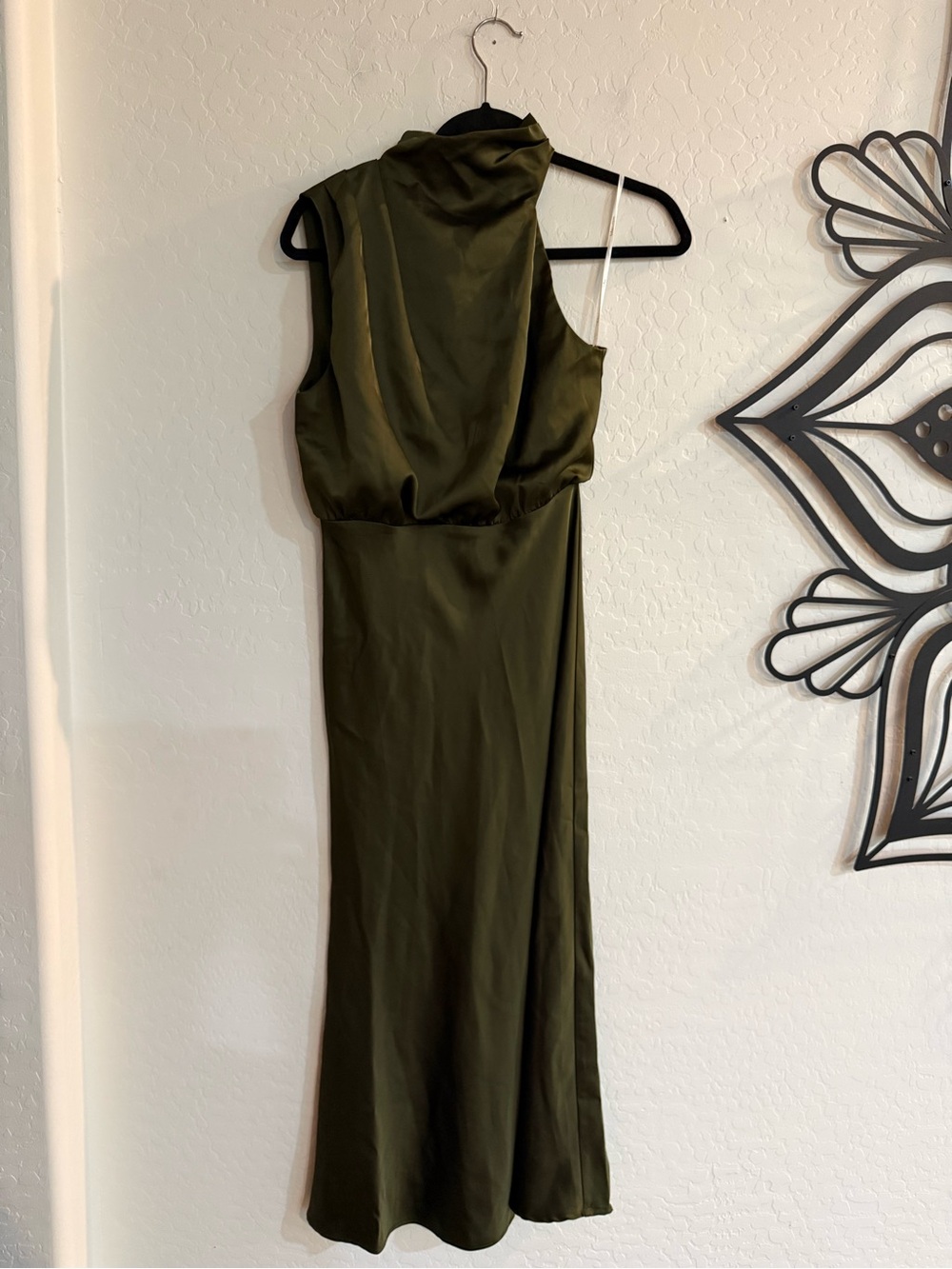 LULUS Distinctive Charm Olive Green Satin Asymmetrical Mock Neck Maxi Dress S - Picture 5 of 13